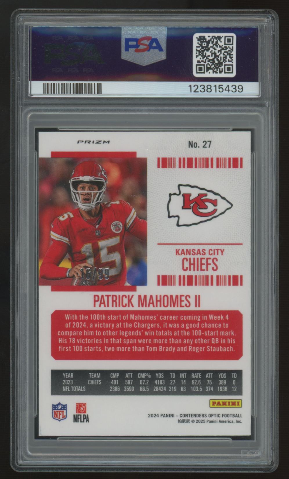 2024 Contenders Optic Patrick Mahomes II Blue Season Ticket /99 #27 PSA 9
