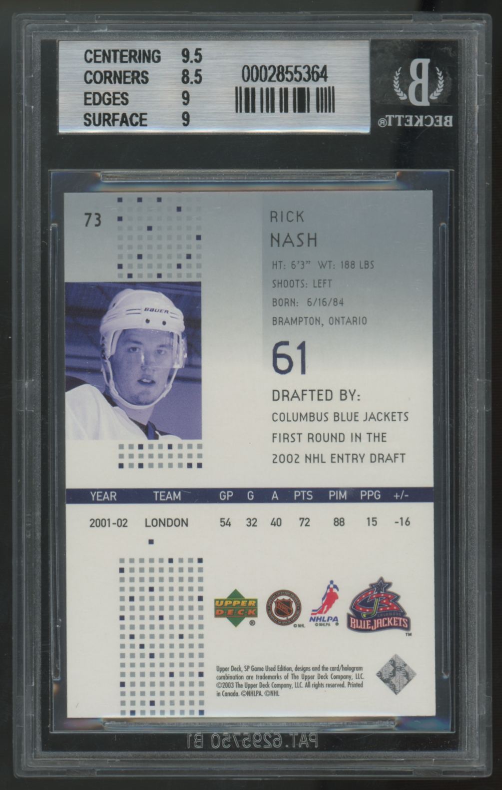 2002-03 Upper Deck SP Game Used Rick Nash RC New Grooves /750 #73 BGS 9