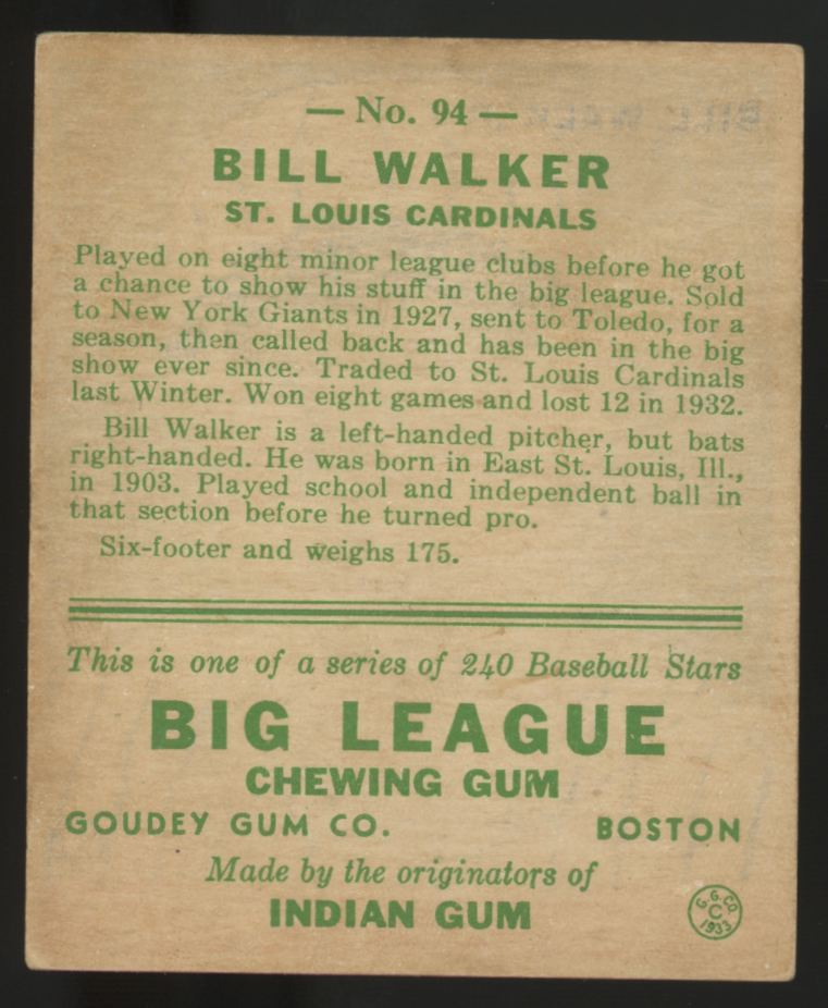 1933 Goudey Bill Walker #94 VG-EX