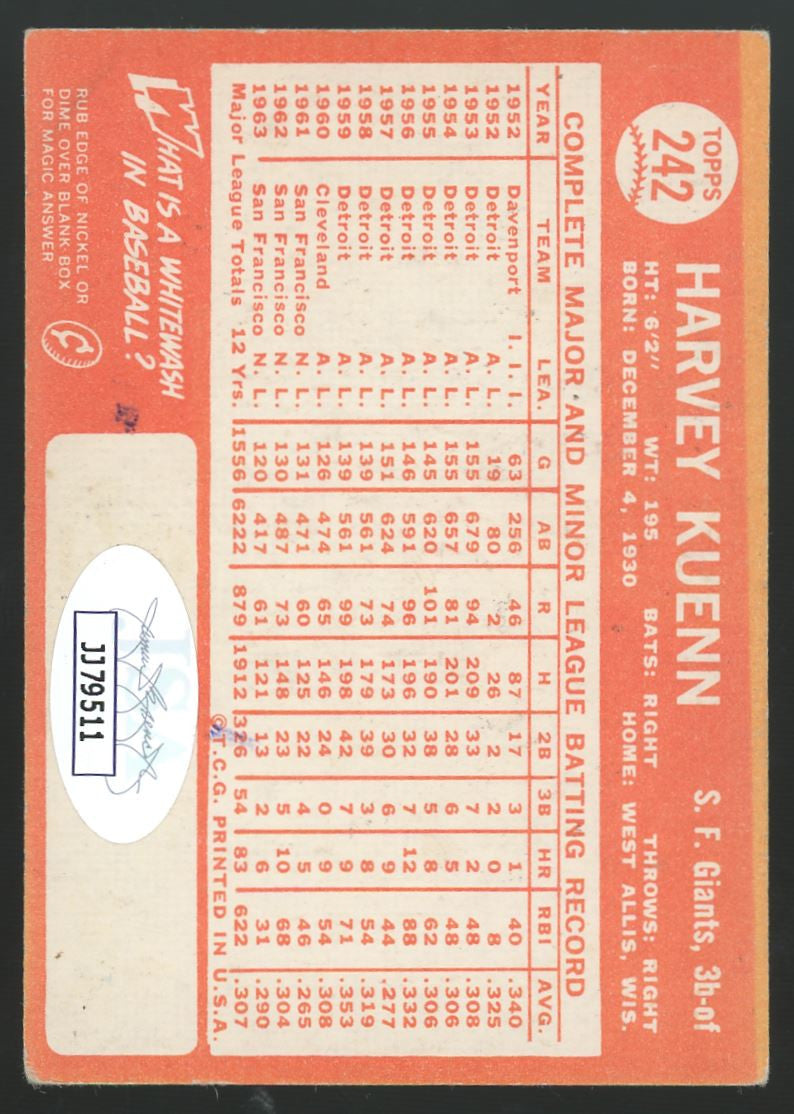 1964 Topps Harvey Kuenn #242 Signed Auto JSA