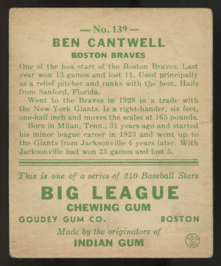 1933 Goudey Ben Cantwell #139 Good
