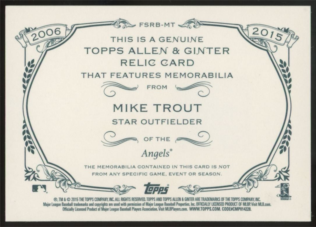 2015 Topps Allen & Ginter Mike Trout Horizontal Patch #FSRB-MT