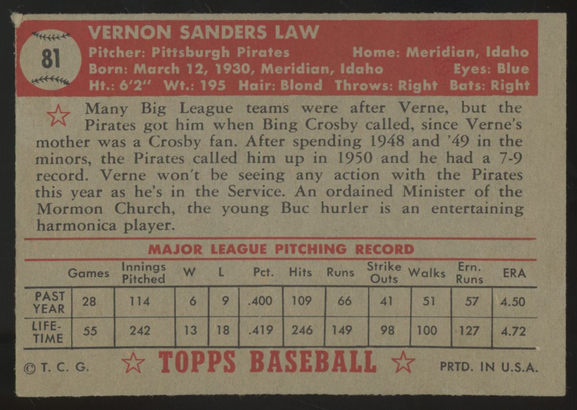 1952 Topps Vernon Law #81 VG