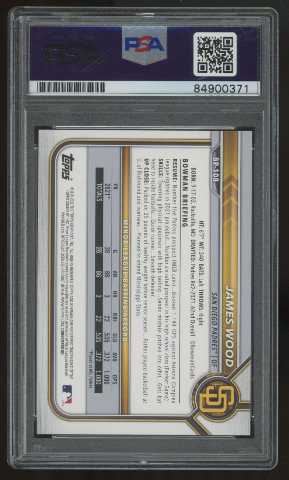 2022 Bowman James Wood 1st Prospects Signed IP Auto #BP-108 PSA Authentic