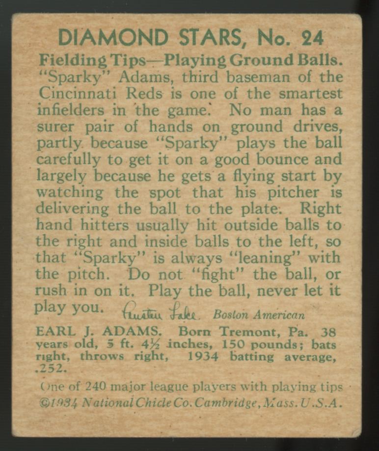 1934 National Chicle "Sparky" Adams Diamond Stars #24 VG-EX