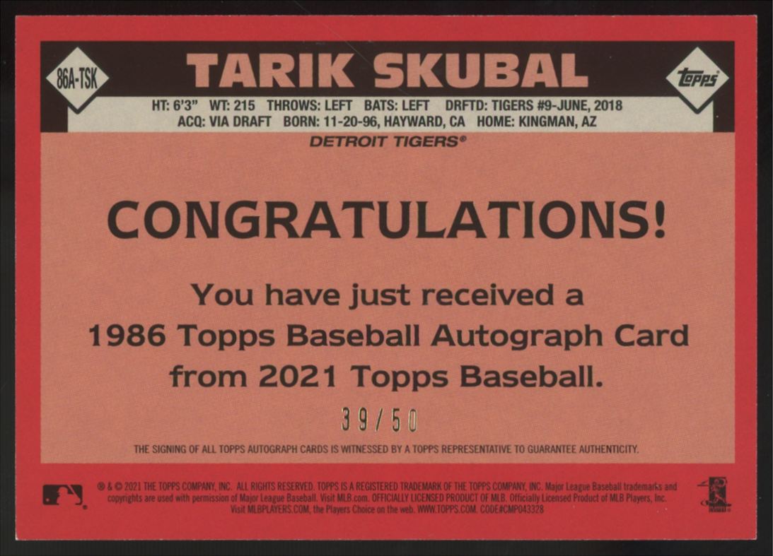2021 Topps Series One Tarik Skubal RC Gold 1986 Auto /50 #86A-TSK