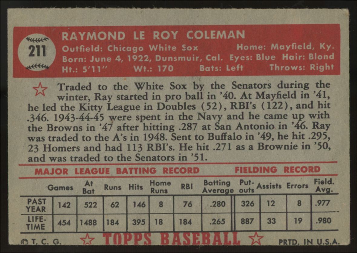 1952 Topps Ray Coleman #211 VG