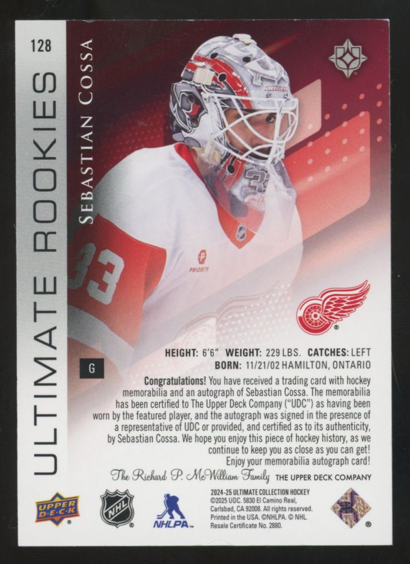 2024-25 Ultimate Collection Sebastian Cossa RC Patch Auto RPA /99 #128