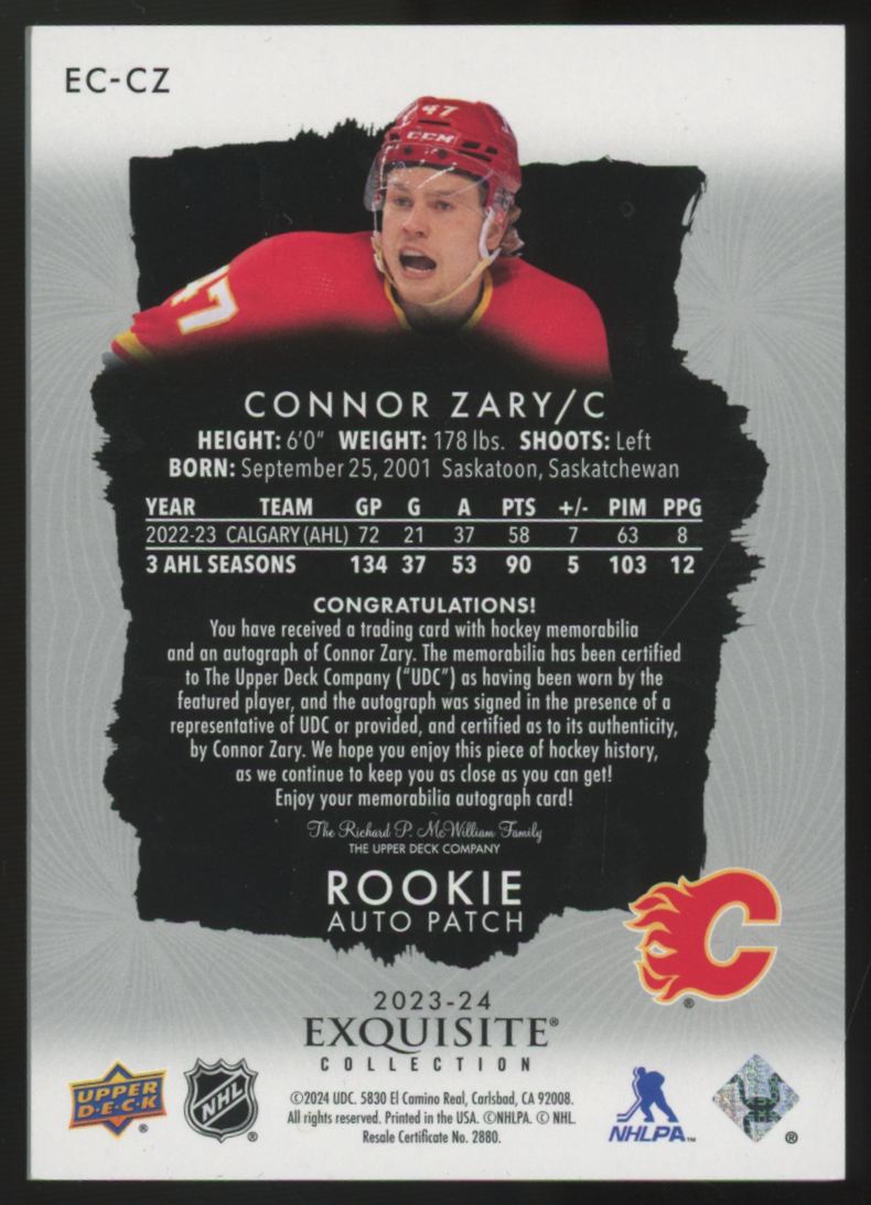2023-24 Upper Deck The Cup Exquisite Connor Zary RC Patch Auto RPA /47 #EC-CZ