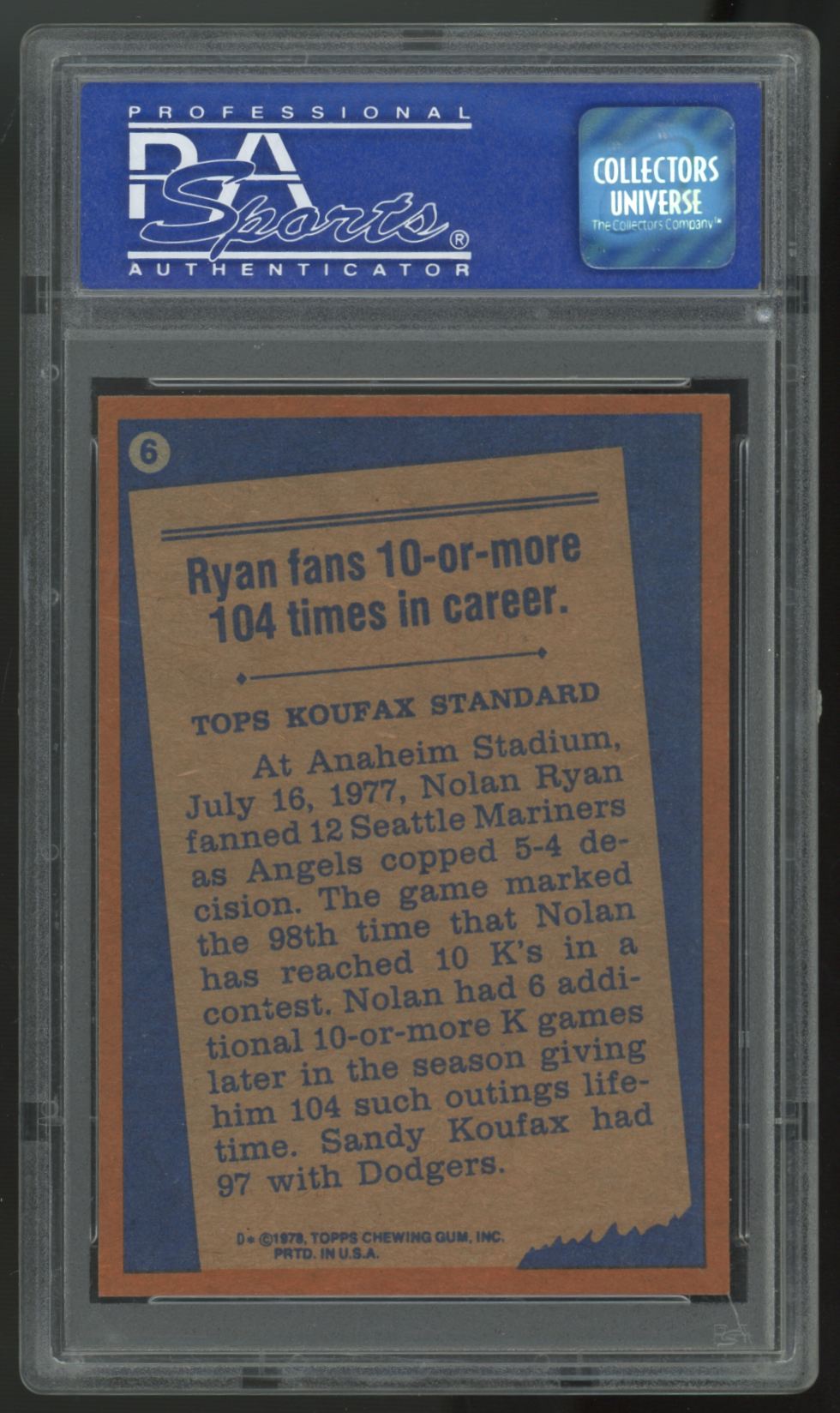 1978 Topps Nolan Ryan Record Breaker #6 PSA 8
