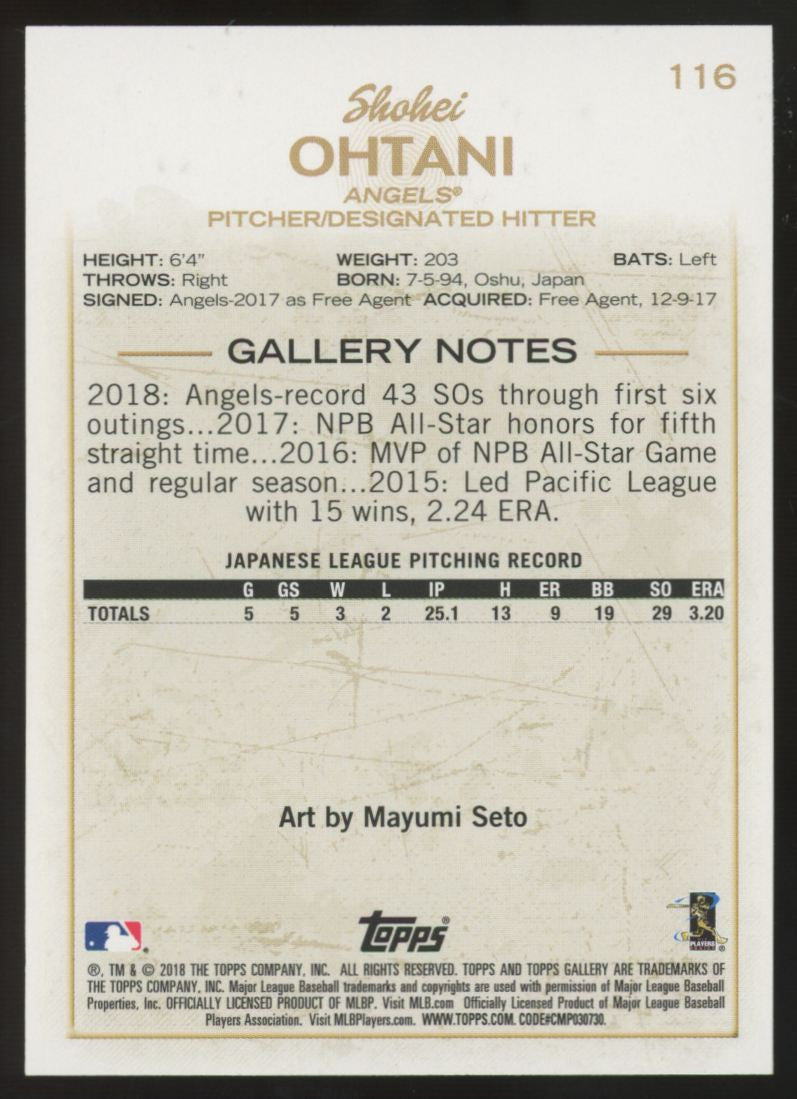 2018 Topps Gallery Shohei Ohtani RC Artist Proof #116