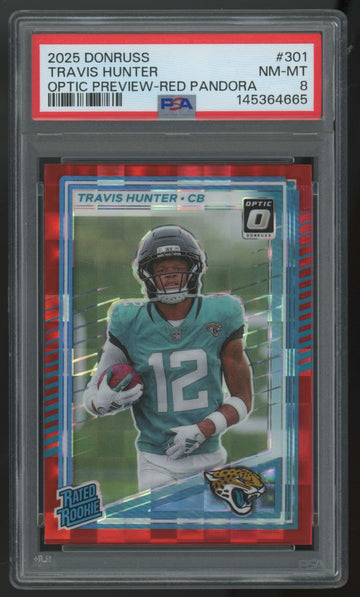 2025 Donruss Optic Preview Travis Hunter RC Rated Rookie Red Pandora #301 PSA 8