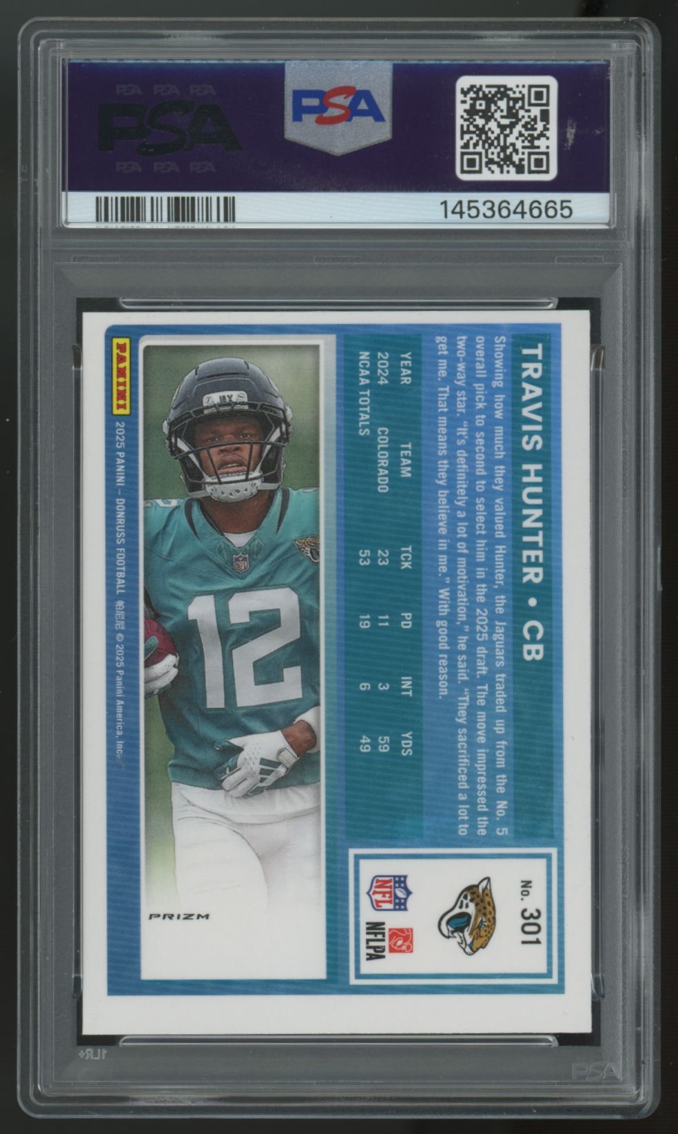 2025 Donruss Optic Preview Travis Hunter RC Rated Rookie Red Pandora #301 PSA 8