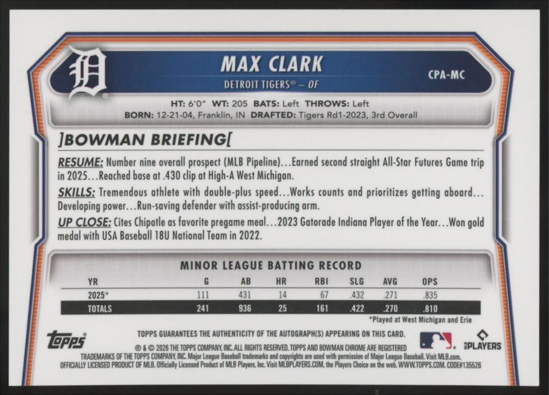 2026 Bowman Chrome Max Clark RC Yellow Refractor Auto /75 #CPA-MC