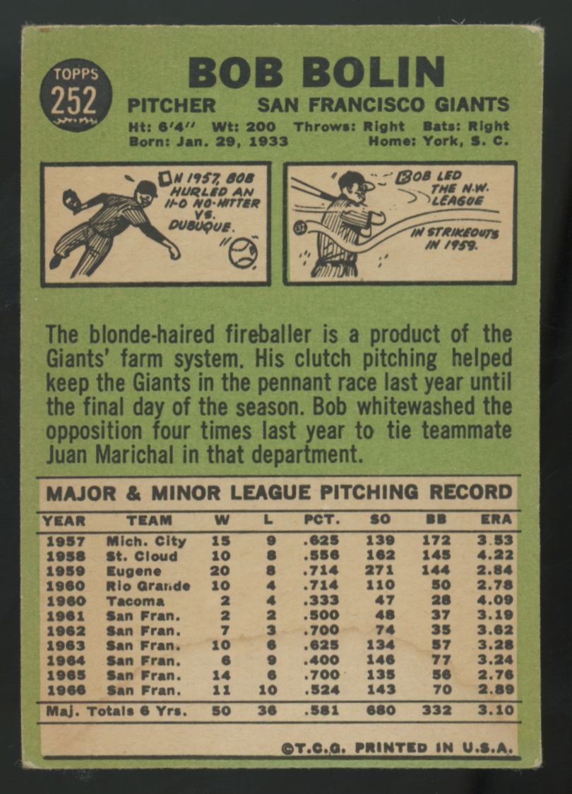 1967 Topps Bob Bolin White Streak #252 VG