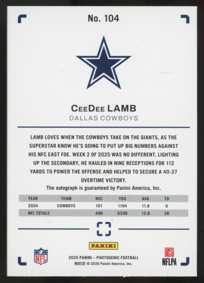 2025 Panini Photogenic CeeDee Lamb Bronze Auto #104