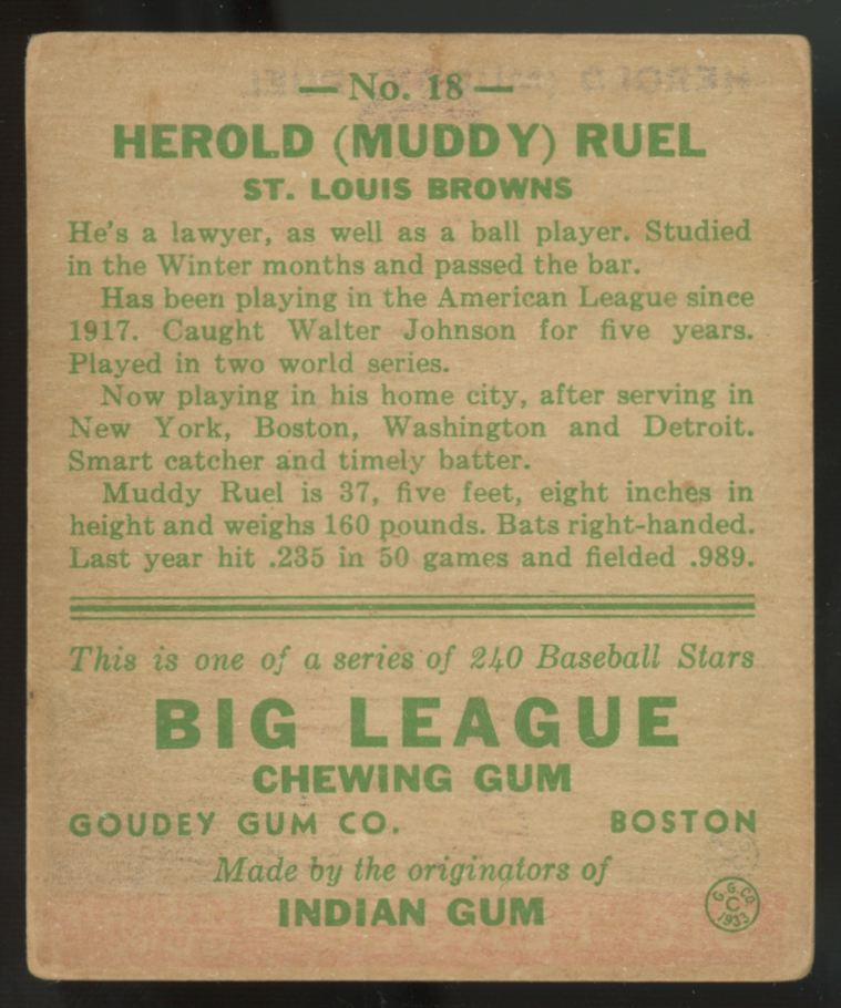 1933 Goudey Herold "Muddy" Ruel #18 VG