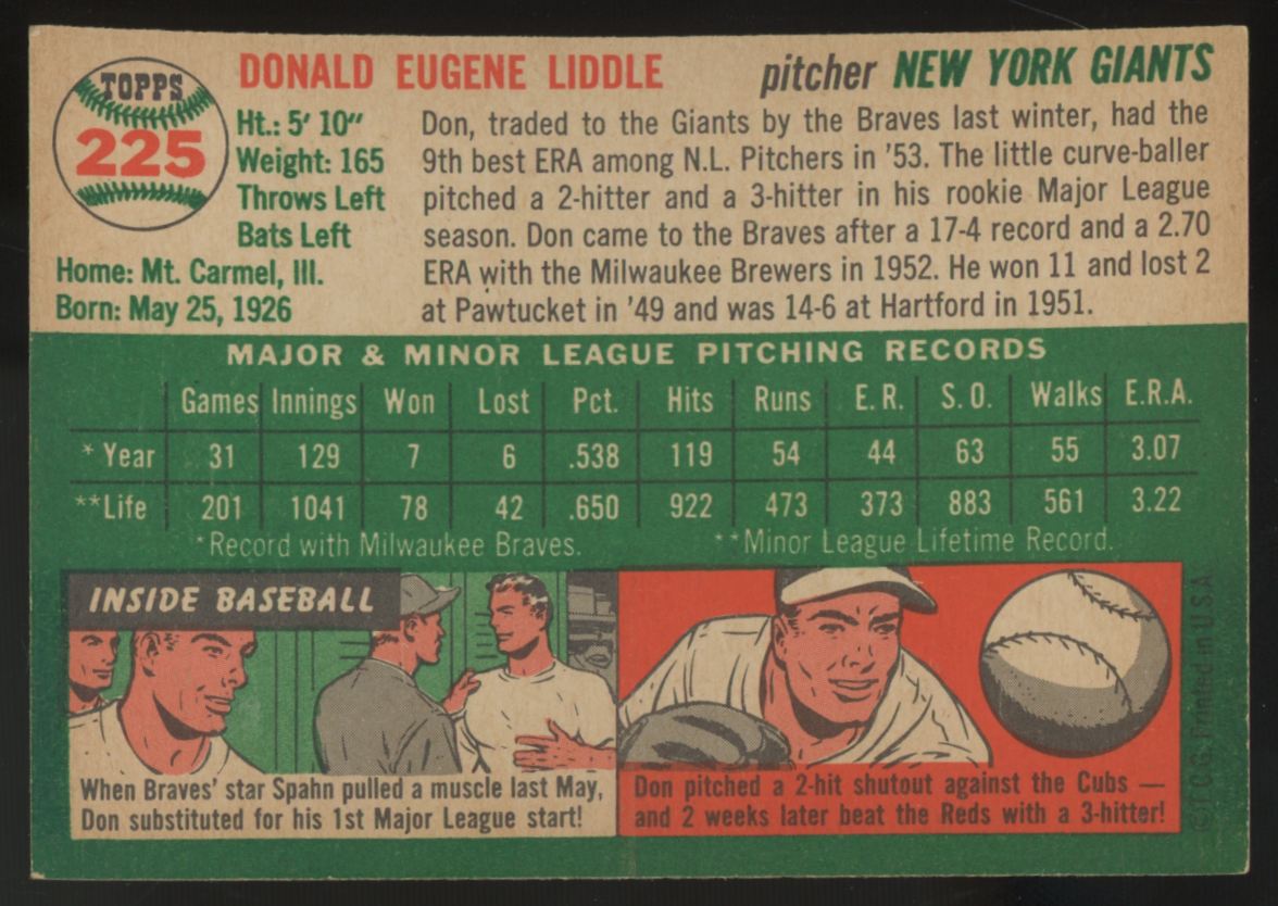 1954 Topps Don Liddle #225 NM
