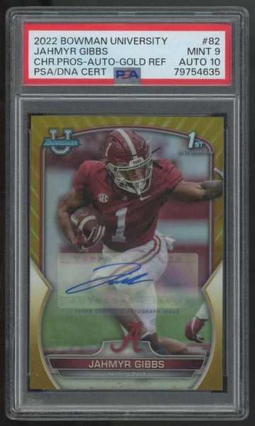 2022 Bowman University Jahmyr Gibbs 1st Chrome Prospect Gold Auto /50 PSA 9 10
