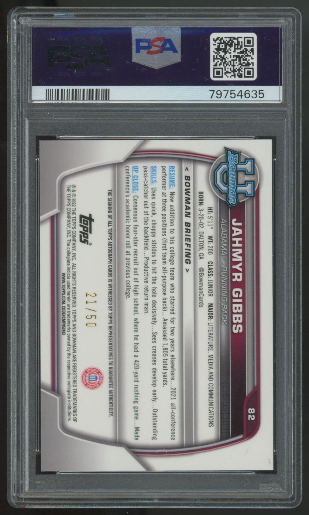 2022 Bowman University Jahmyr Gibbs 1st Chrome Prospect Gold Auto /50 PSA 9 10