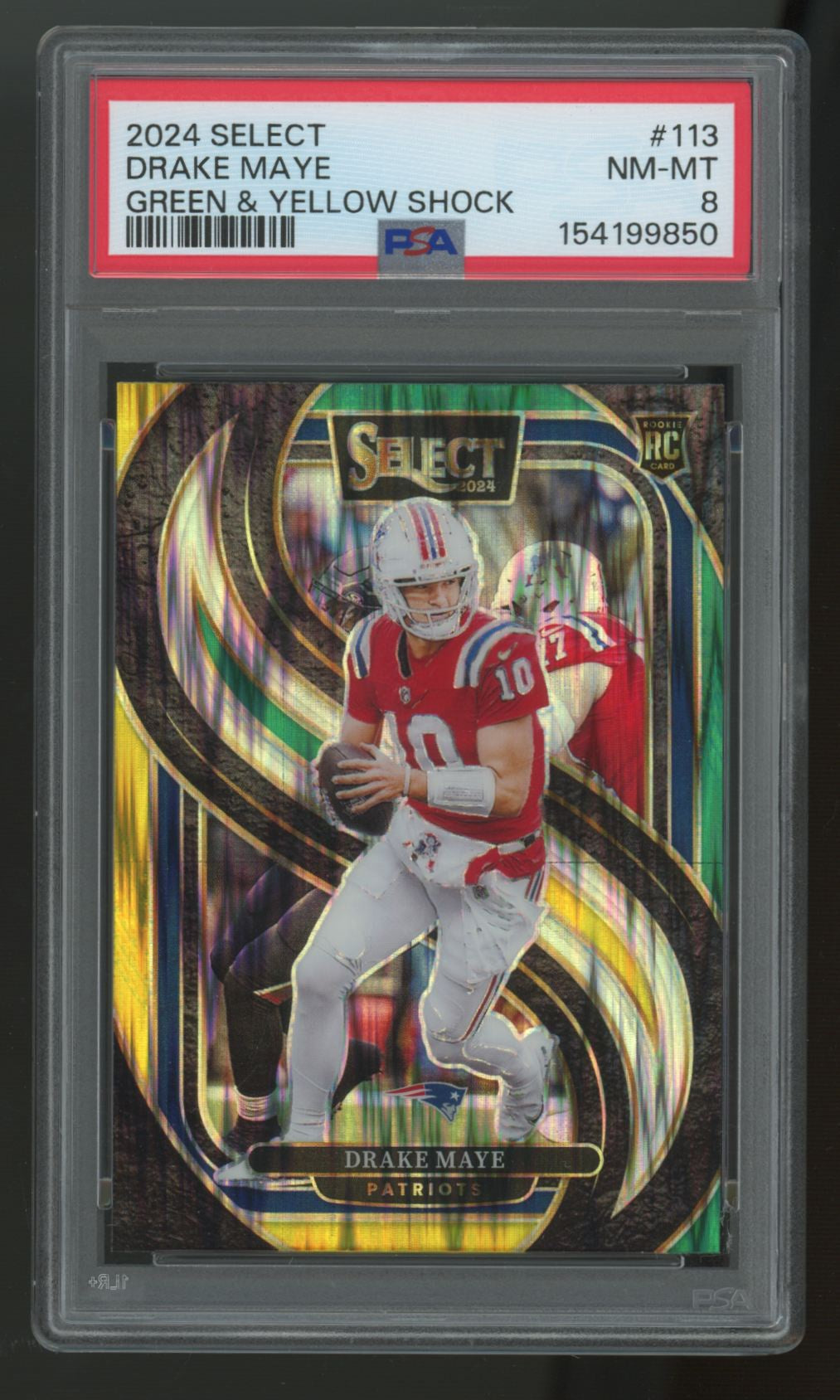 2024 Select Drake Maye RC Premier Level Green & Yellow Shock #113 PSA 8