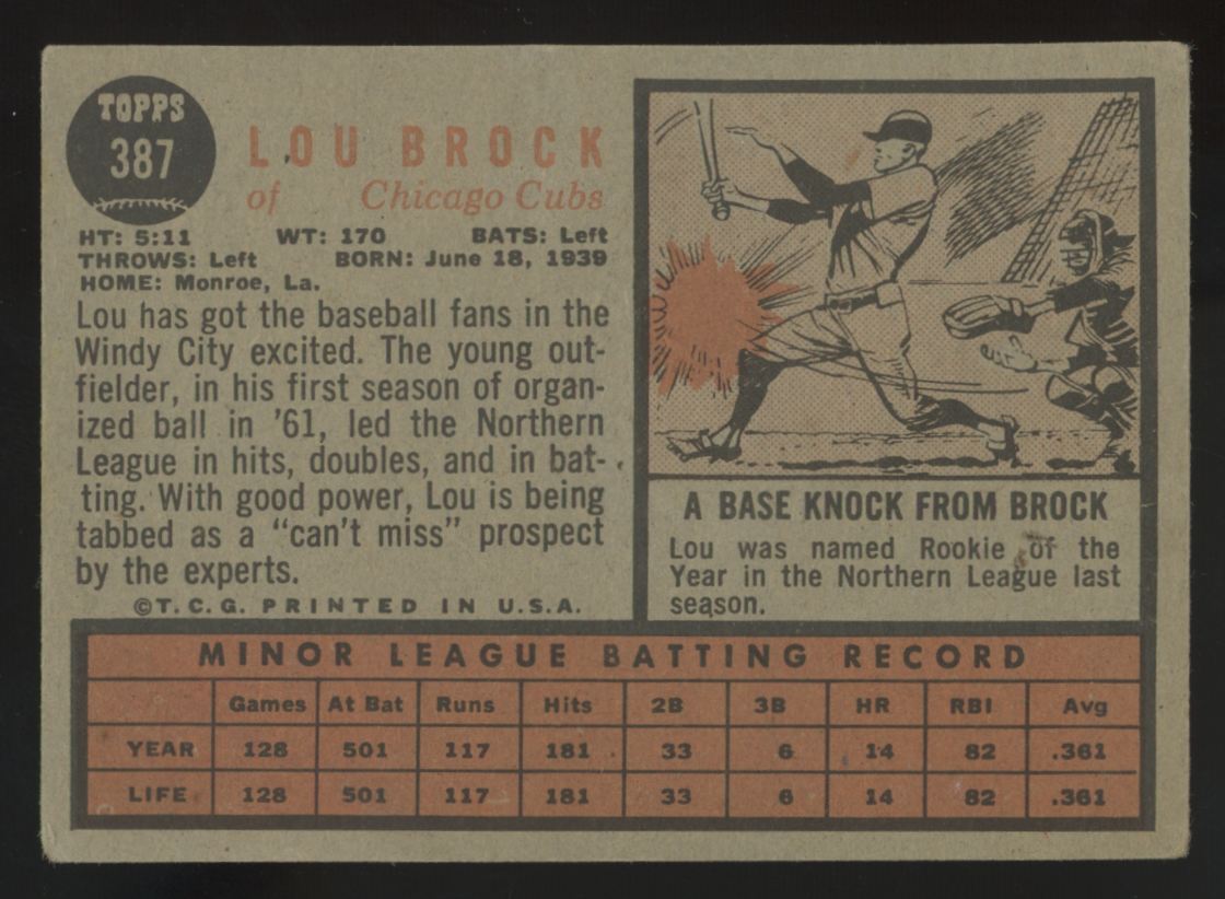 1962 Topps Lou Brock RC #387 G/VG