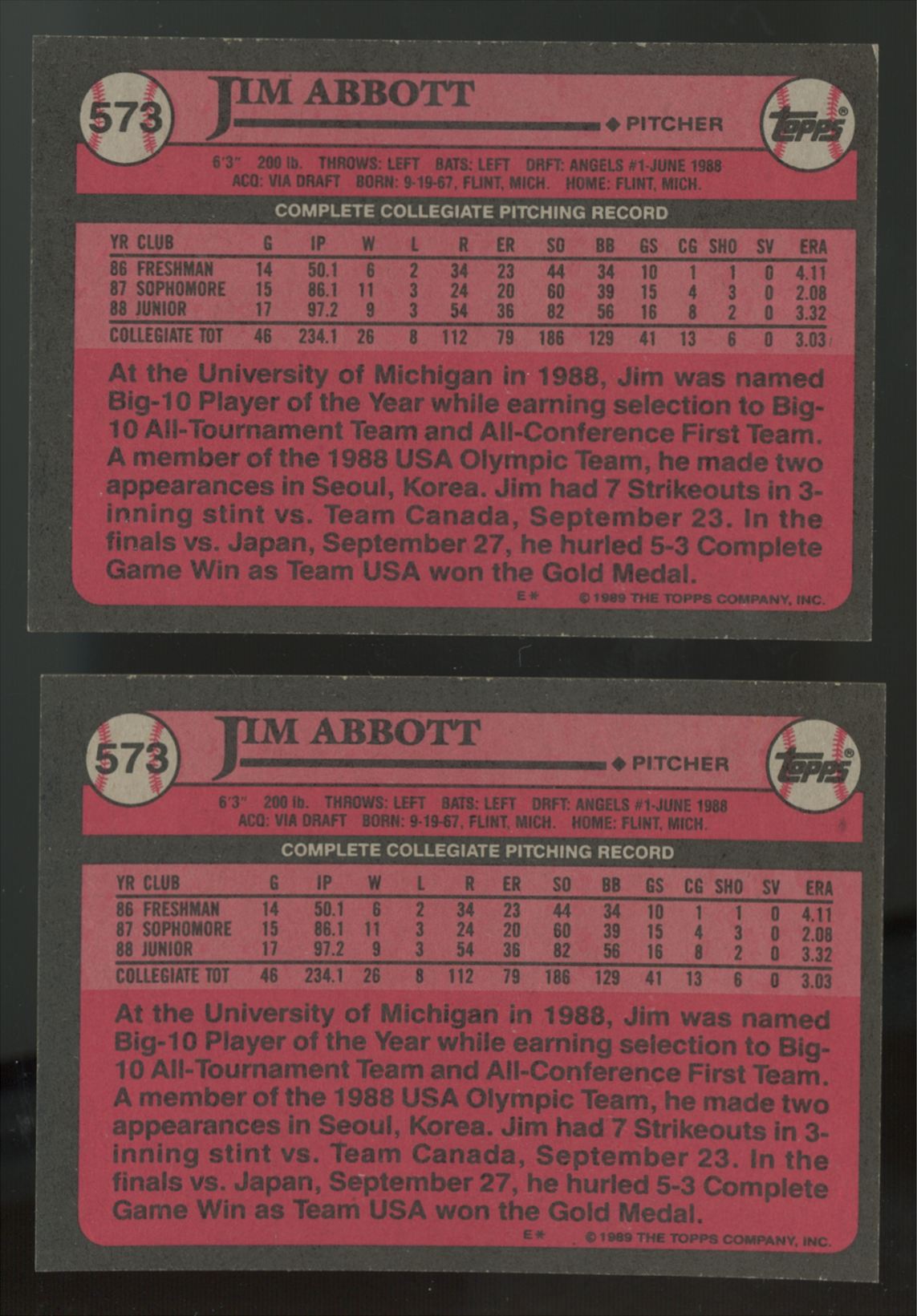 1989 Topps Jim Abbott RC #1 Draft Pick #573 (Lot Of 50)