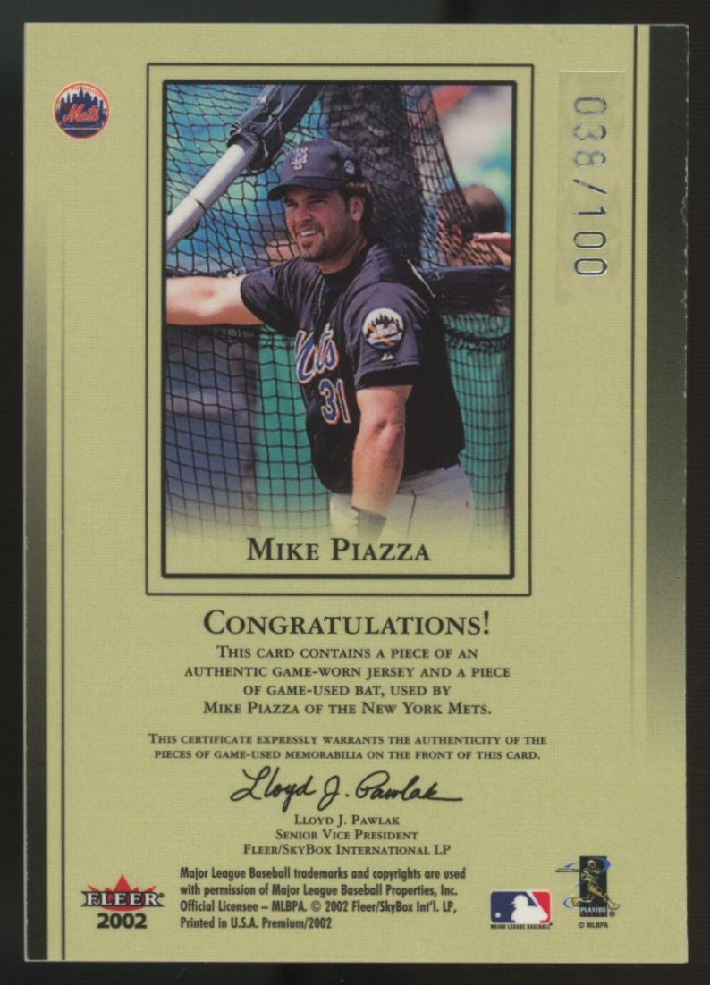 2002 Fleer Premium Mike Piazza Diamond Stars Dual Relic Bat & Jersey /100