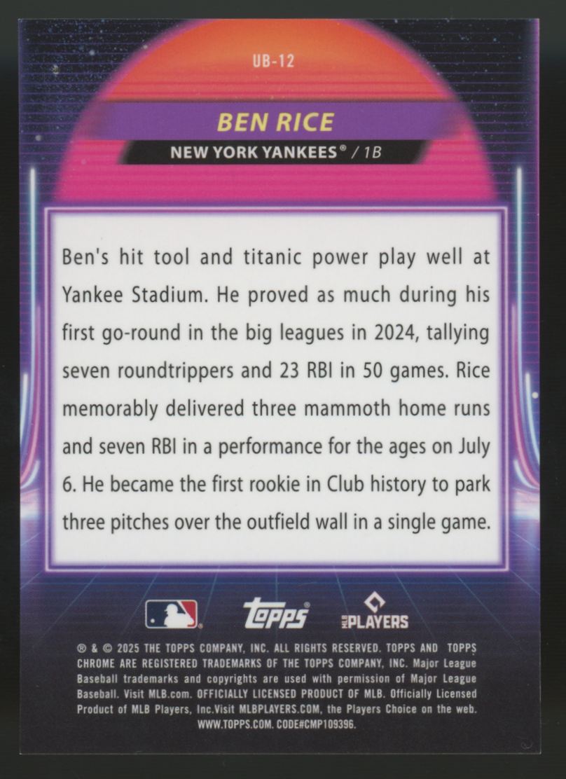 2025 Topps Chrome Cosmic Ben Rice RC Ultraviolet Beam Green Dust Refractor /75