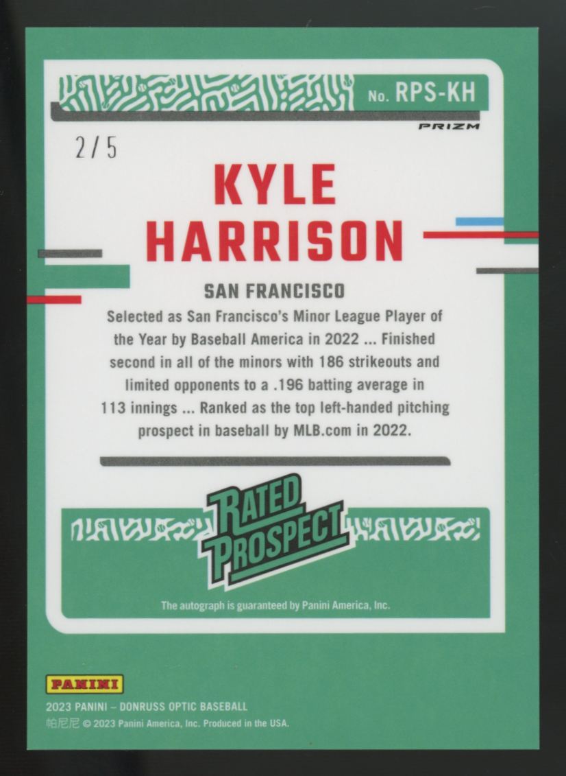 2023 Donruss Optic Kyle Harrison Rated Prospect Green Auto /5 #RPS-KH