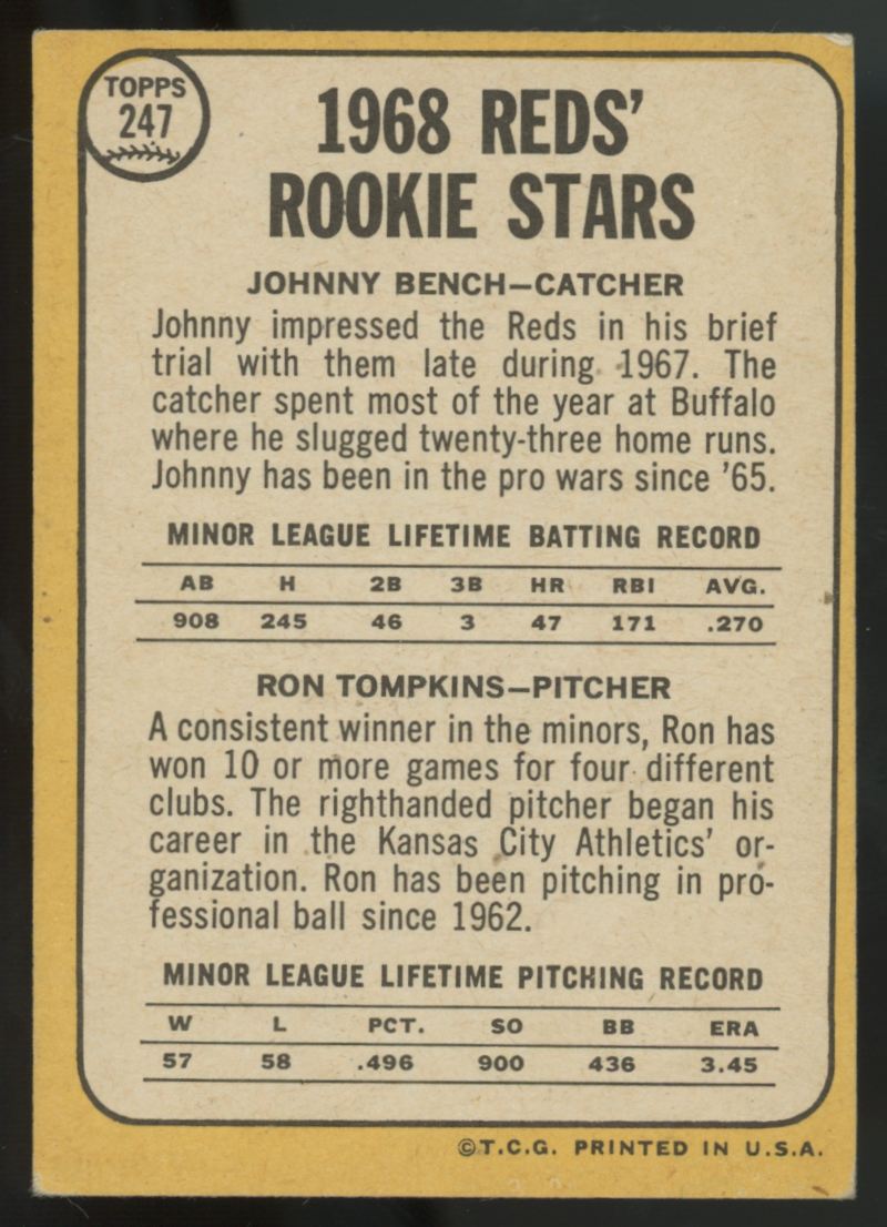 1968 Topps Johnny Bench, Ron Tompkins RC Rookie stars #247 VG/EX