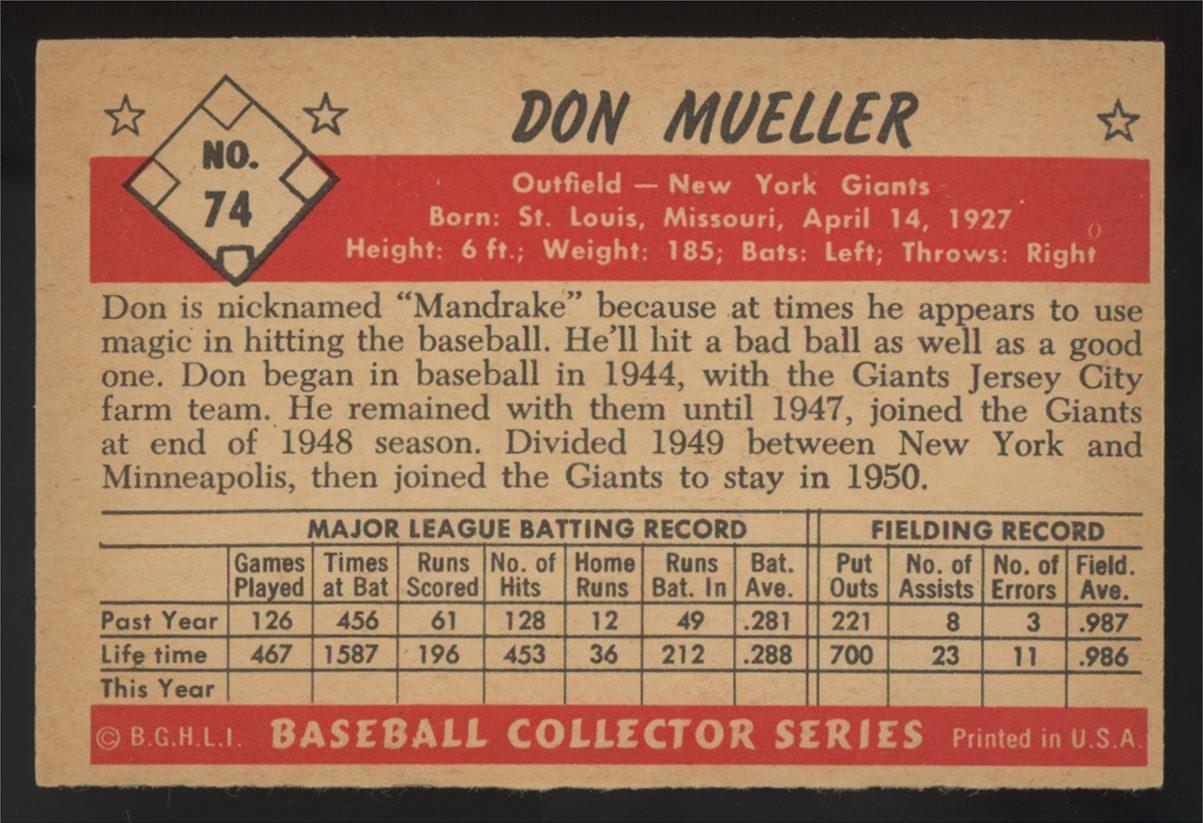 1953 Bowman Color Don Mueller #74 VG/EX