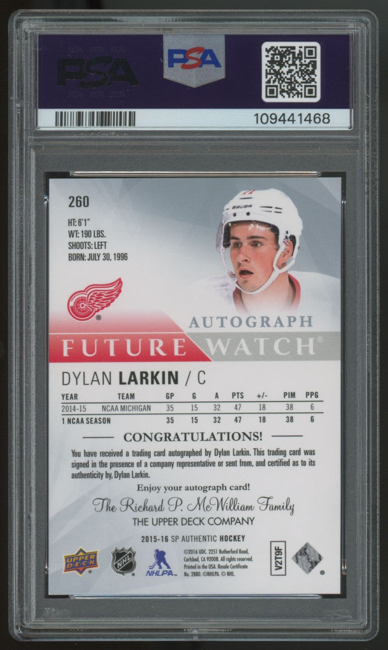 2015-16 SP Authentic Dylan Larkin RC Future Watch Auto /999 #260 PSA 9