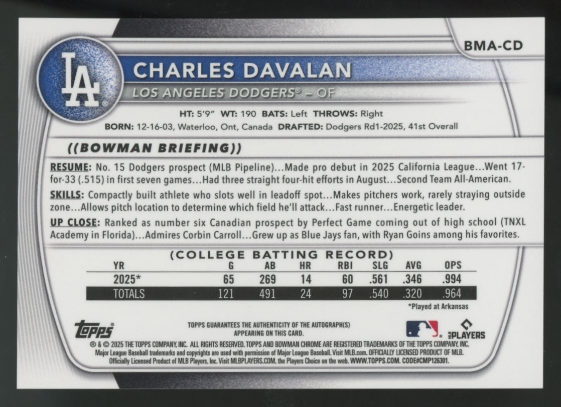 2025 Bowman Draft Mega Charles Davalan Prospect Orange Auto /25 #BMA-CD