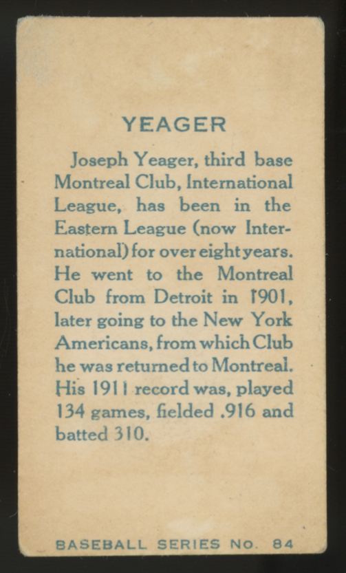 1912 C46 Imperial Joseph Yeager #84 VG-VG/EX
