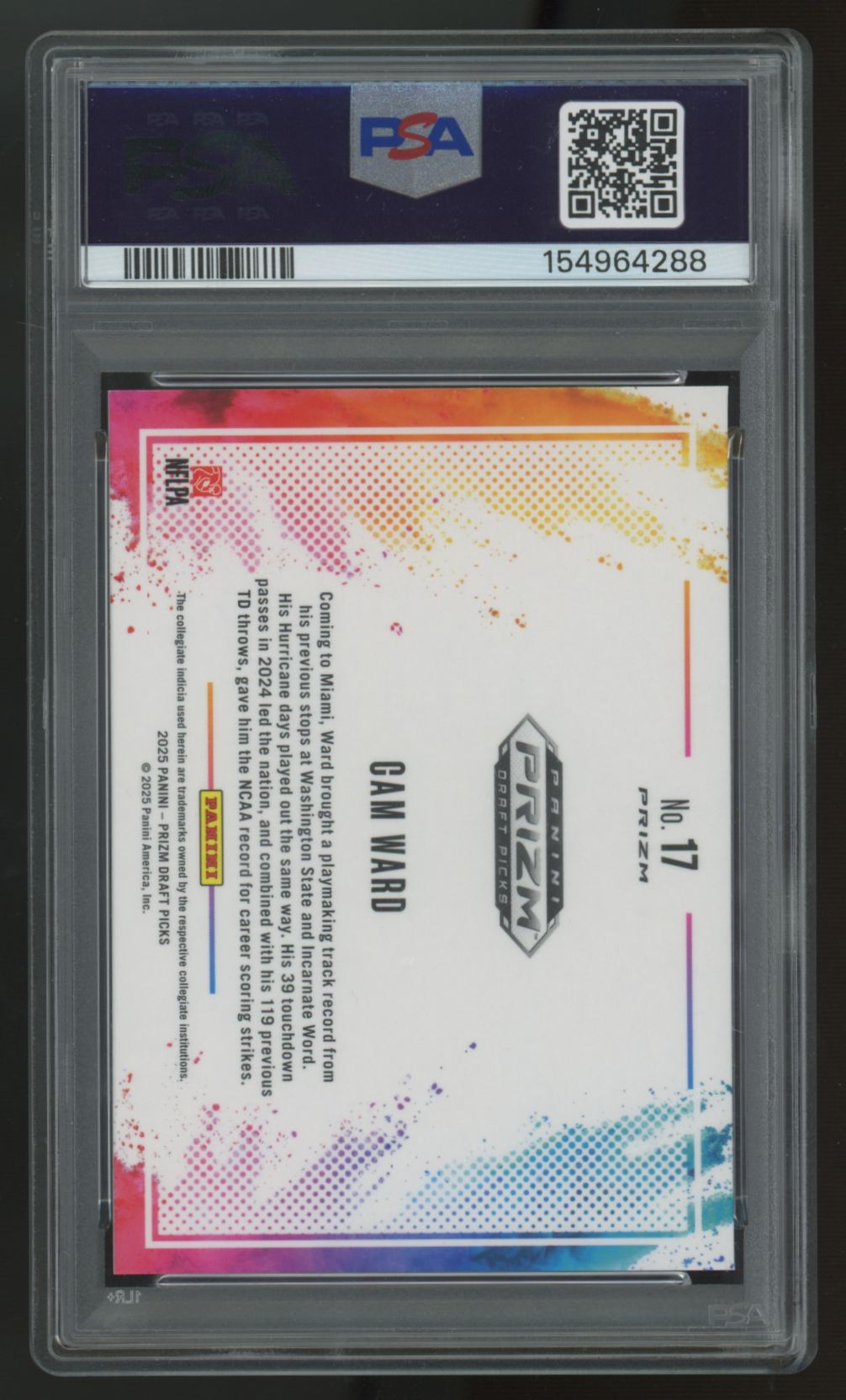2025 Panini Prizm Draft Cam Ward RC Black Color Blast SSP #17 PSA 10