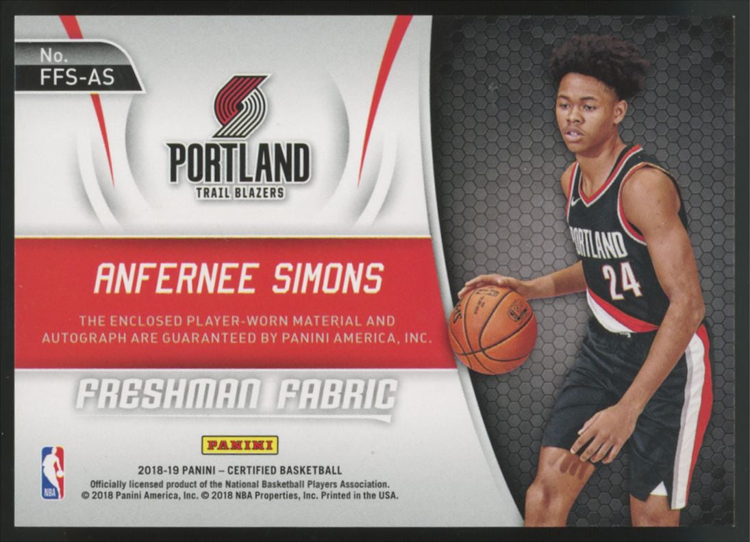 2018-19 Panini Certified Anfernee Simons RC Freshman Fabric Patch Auto RPA /149
