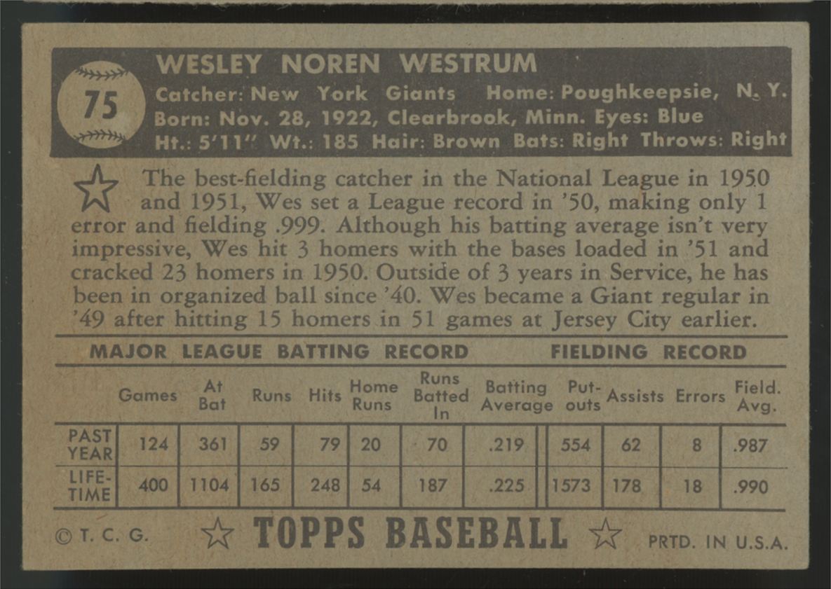 1952 Topps Wes Westrum Black Back #75 VG/EX-EX "A"