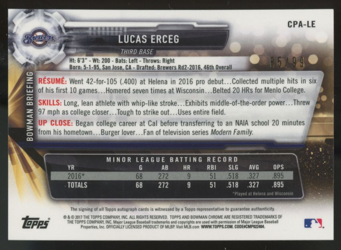 2017 Bowman Chrome Lucas Erceg 1st Prospect Green Shimmer Auto /99 #CPA-LE