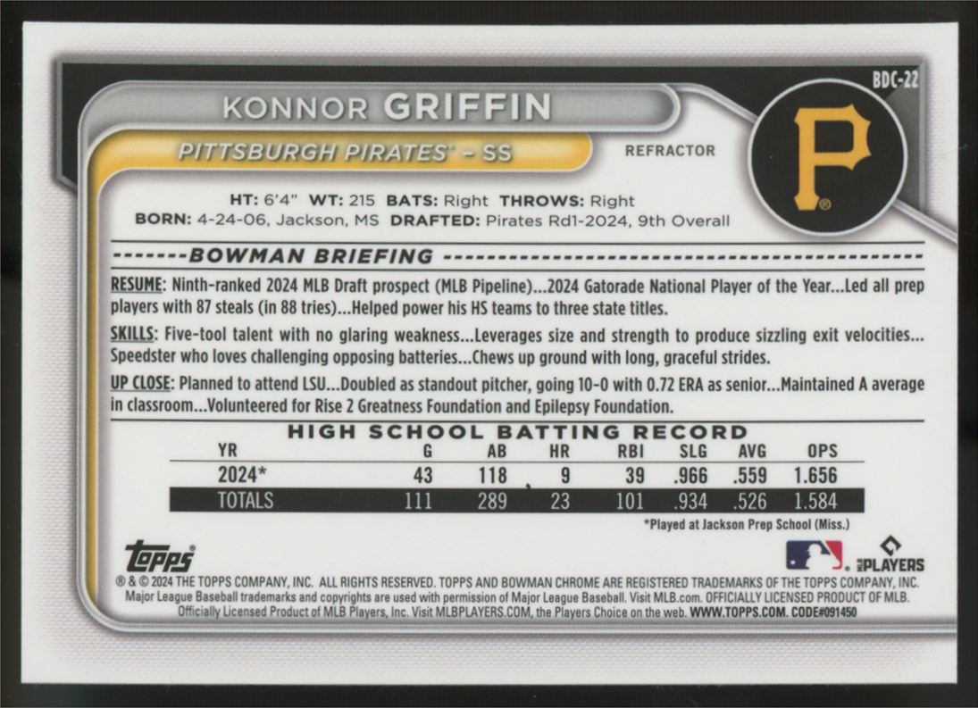 2024 Bowman Draft Chrome Konnor Griffin 1st Refractor #BDC-22