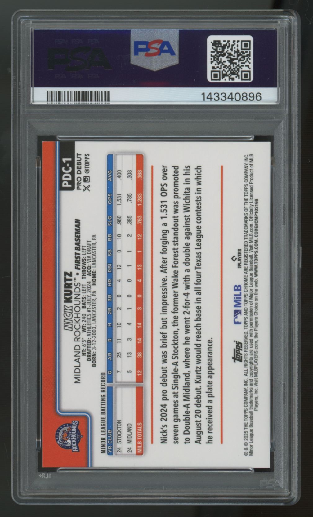 2025 Topps Chrome Pro Debut Nick Kurtz Black Refractor /10 #PDC-1 PSA 9