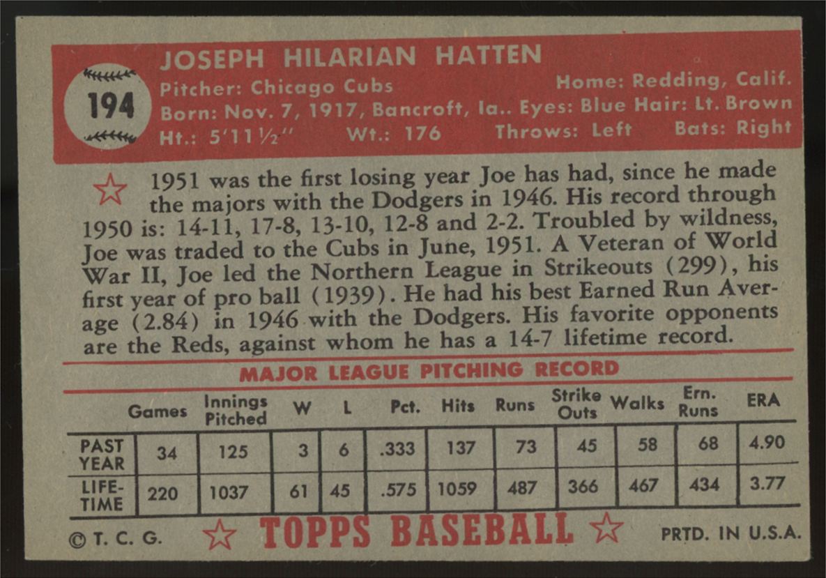 1952 Topps Joe Hatten #194 EX/MT