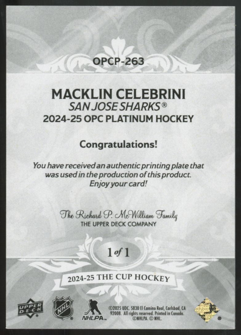 2024-25 UD The Cup Macklin Celebrini RC Masterpieces Magenta Printing Plate 1/1