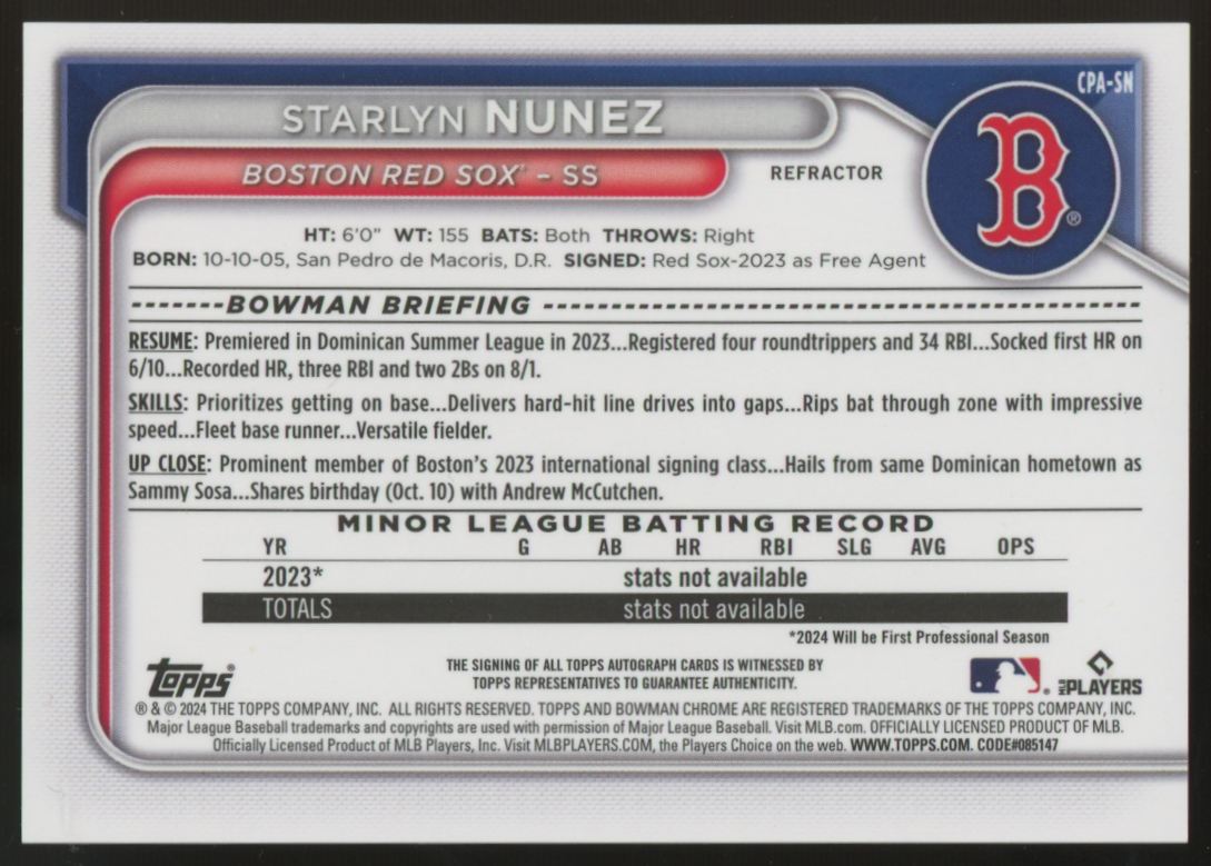 2024 Bowman Chrome Starlyn Nunez 1st Propsect Refractor Auto /499 #CPA-SN