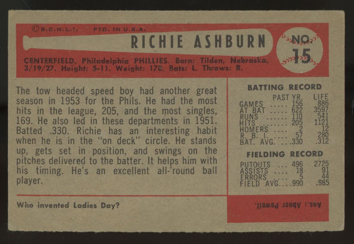 1954 Bowman Richie Ashburn #15 VG