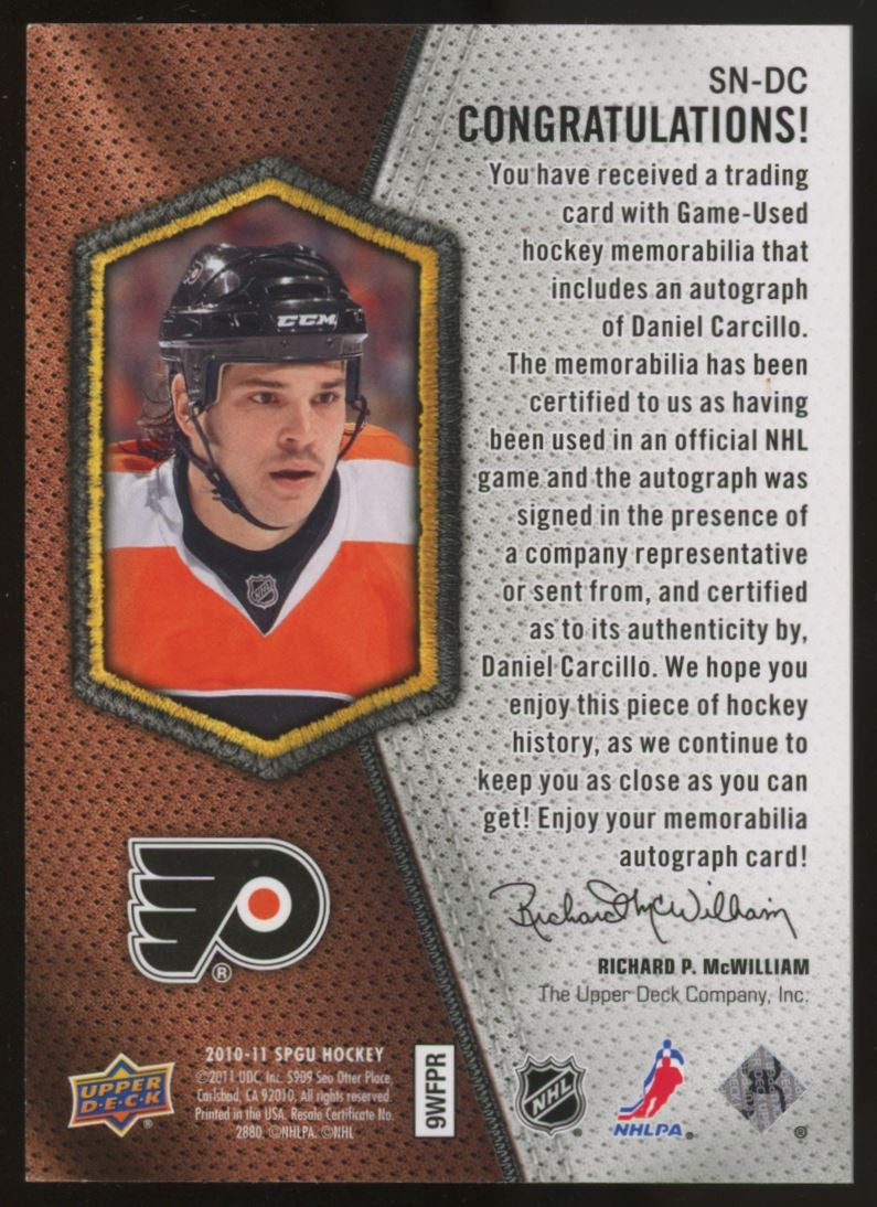 2010-11 SP Game Used Daniel Carcillo Significant Numbers Patch Auto /13 #SN-DC