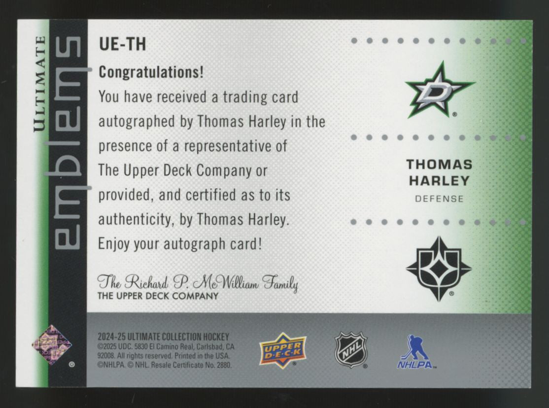 2024-25 UD Ultimate Collection Thomas Harley Emblems Auto #UE-TH