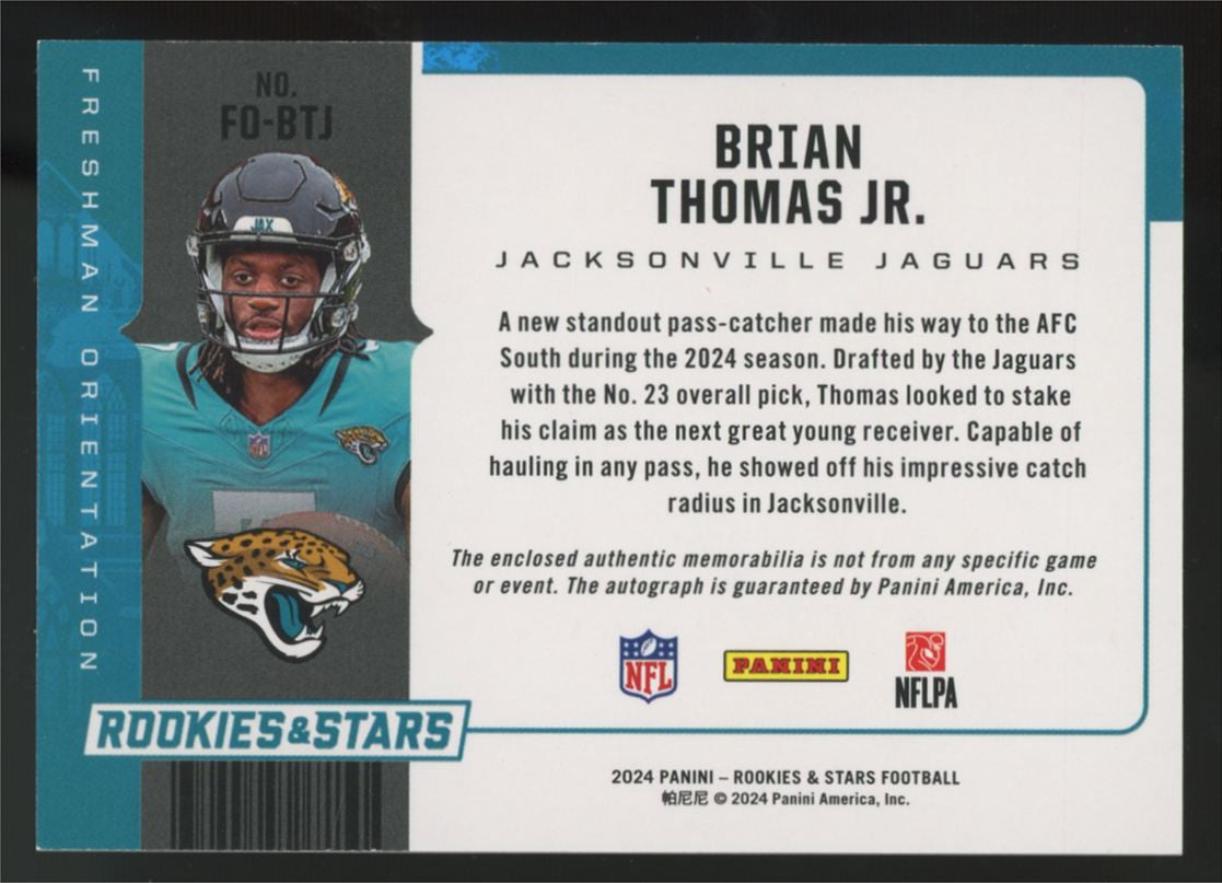 2024 Rookies & Stars Brian Thomas Jr. RC Freshman Orientation Patch Auto RPA /99