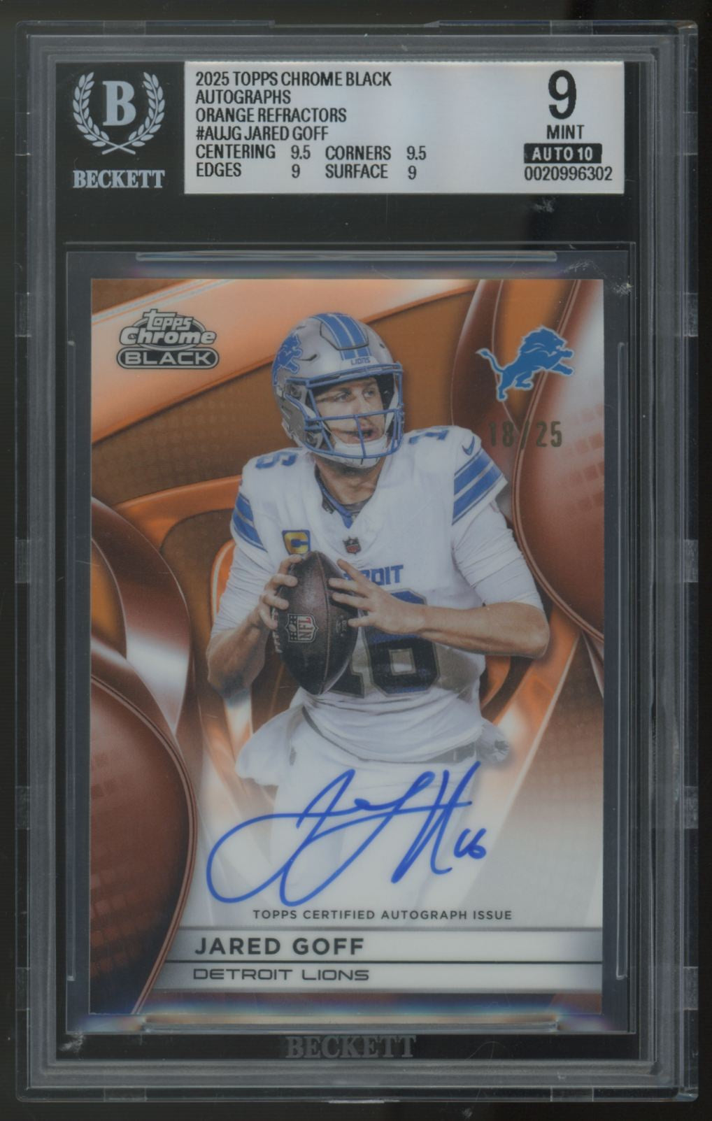 2025 Topps Chrome Black Jared Goff Orange Refractor Auto /25 #AU-JG BGS 9 10
