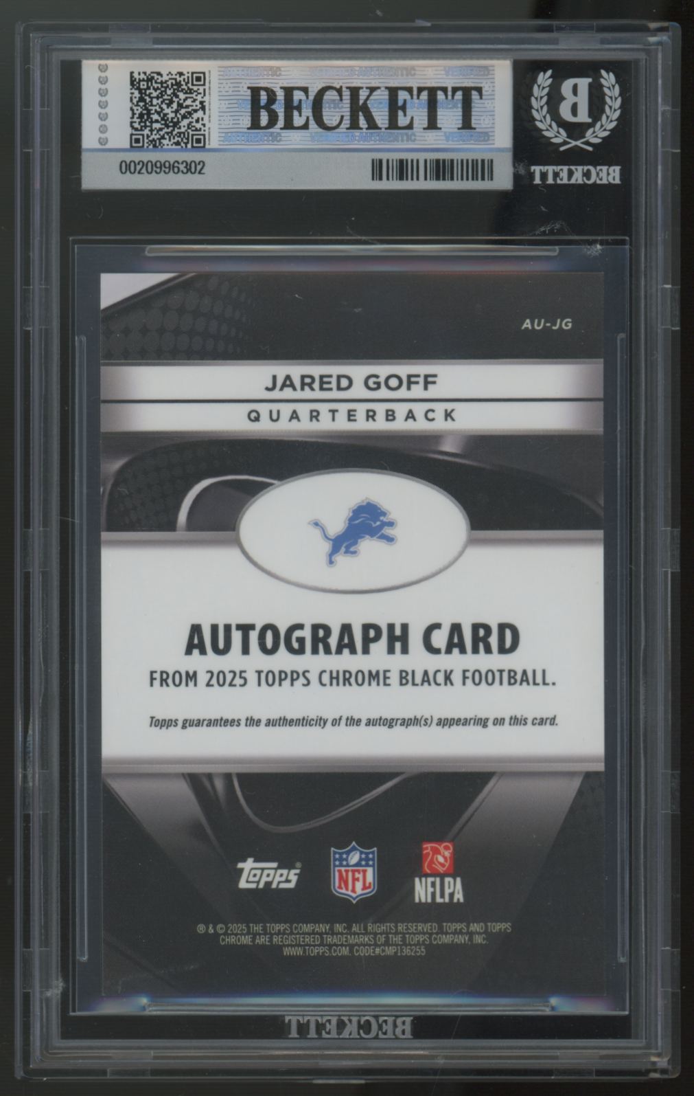 2025 Topps Chrome Black Jared Goff Orange Refractor Auto /25 #AU-JG BGS 9 10